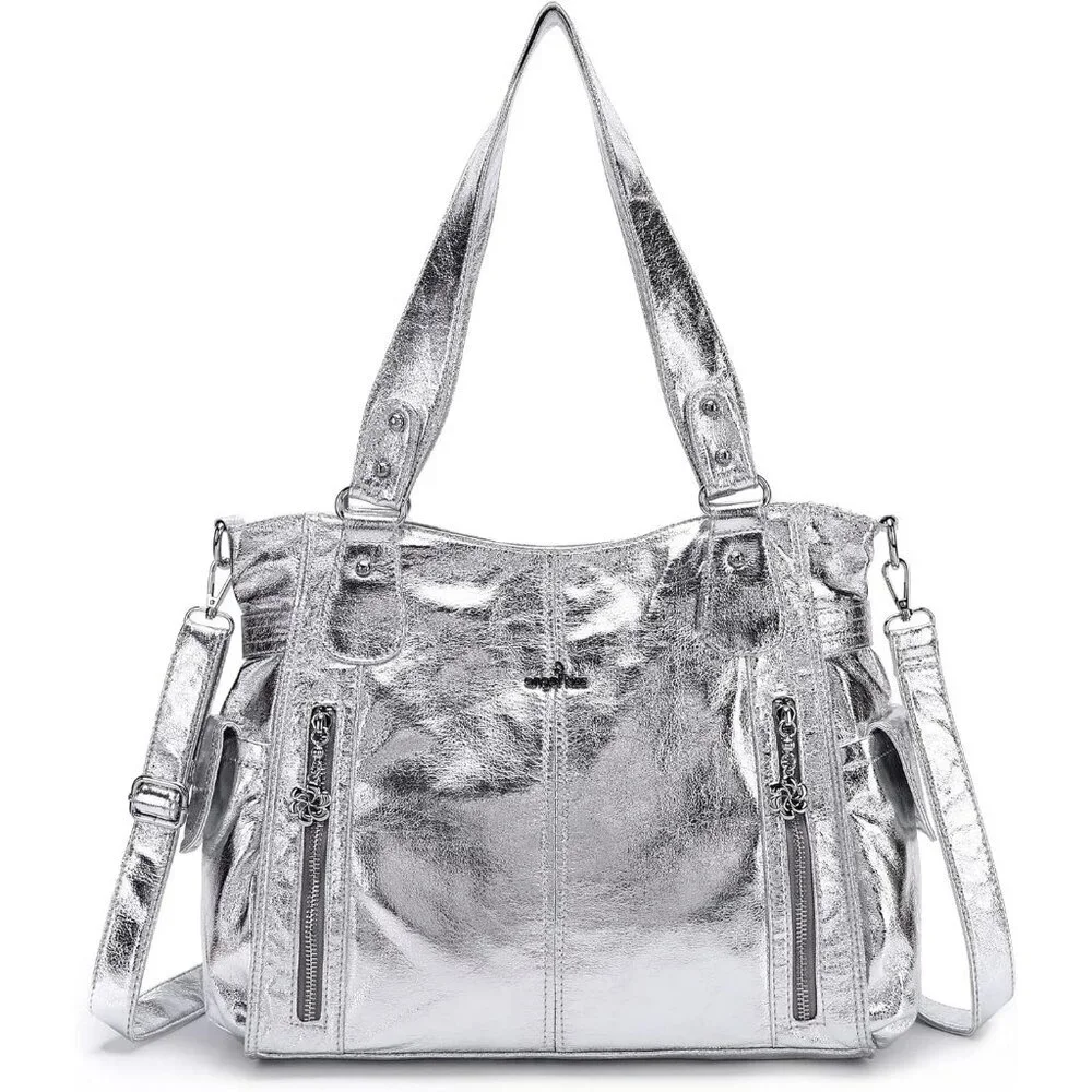 〽️Women's Silver PU Leather Hobo Shoulder Bag with Top Handle and Zipper Pockets